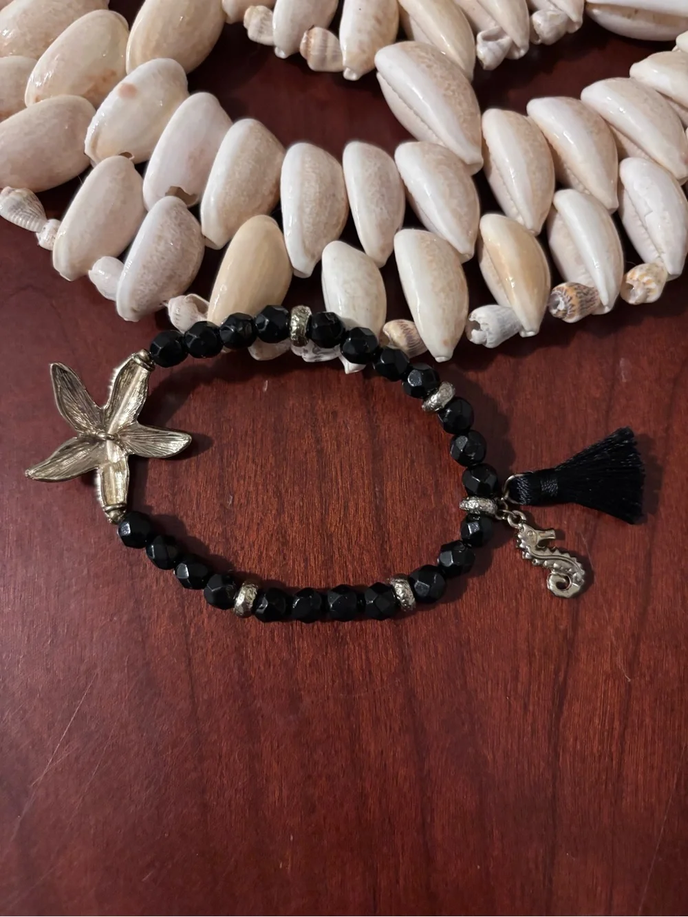 Black Beaded Starfish/Seahorse  Charm Bracelet with Tassel